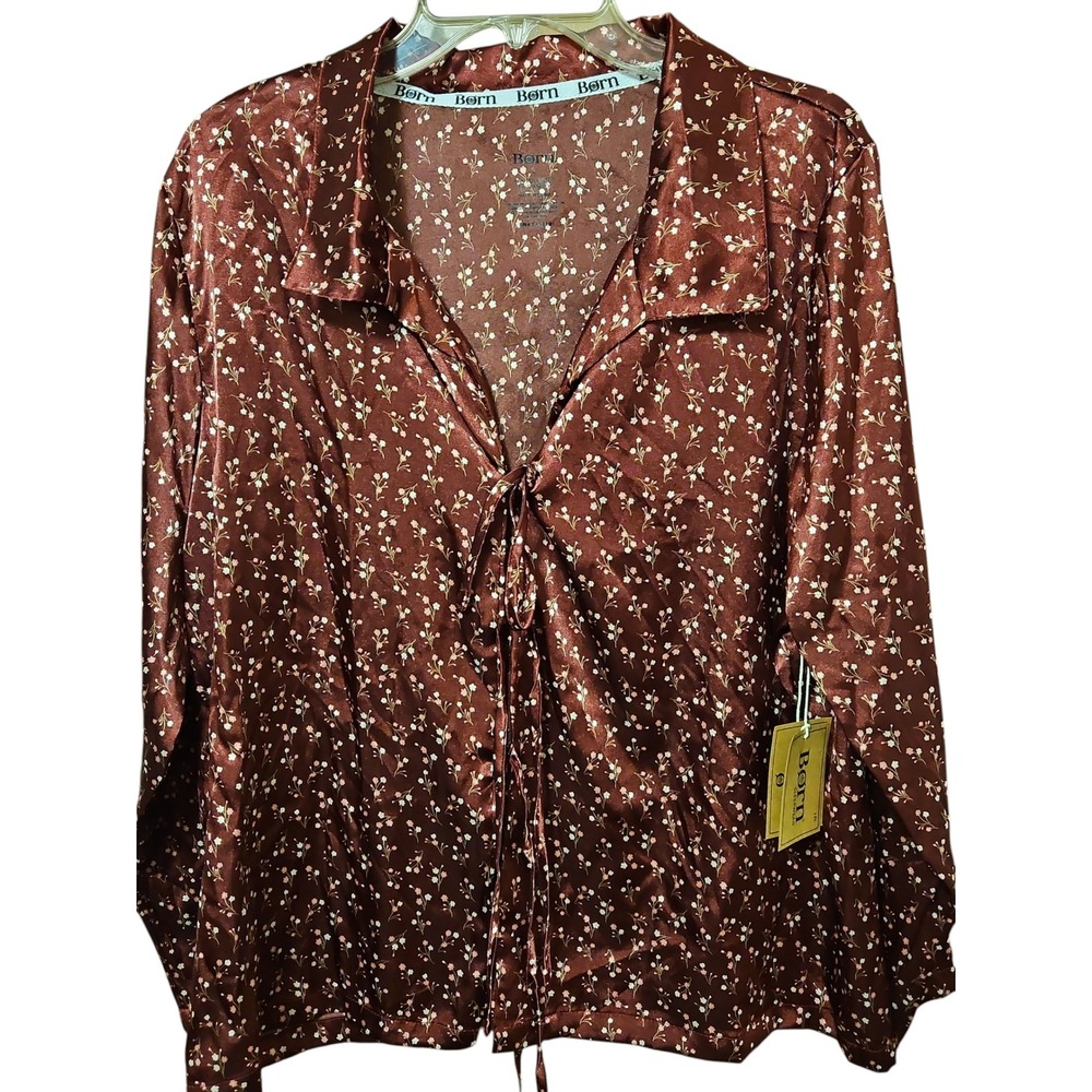 Born Ladies Satin Pajama Set Burgundy Floral Top Wide Leg Pants NWT 0627